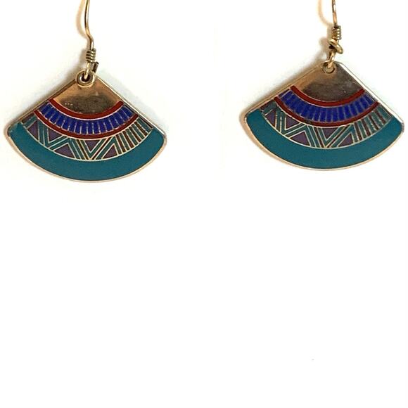 Vintage Laurel Burch Earrings Enamel Dangles Mali Fan Gold Tone Ear Wires - Picture 1 of 7
